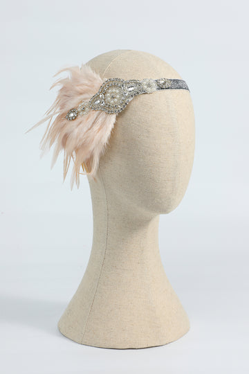 Blush 1920s Beaded Sequin Headband with Feather